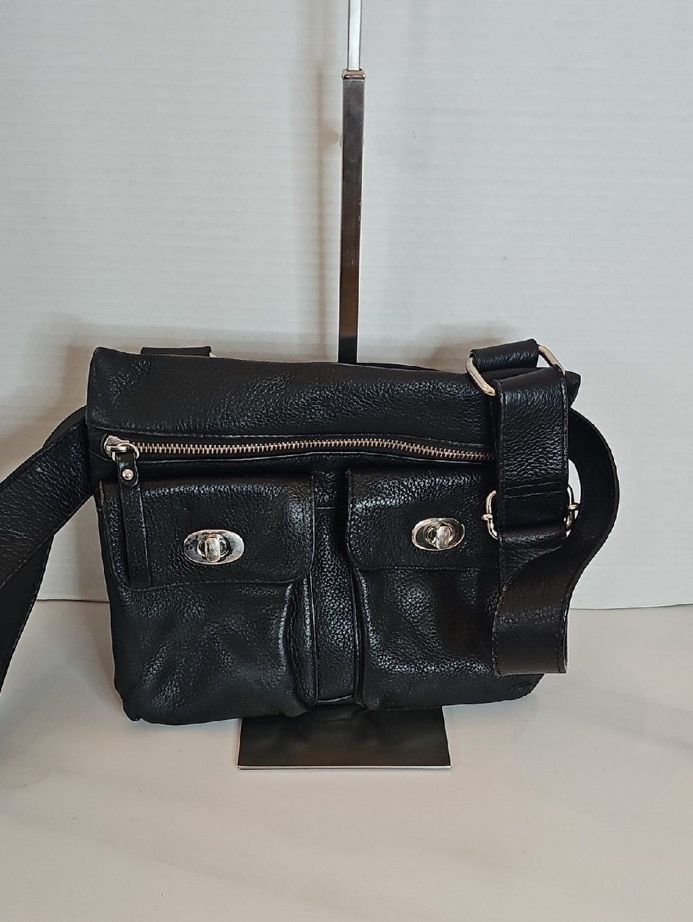 Danier Black Leather Crossbody with Dual Front Flap Pockets